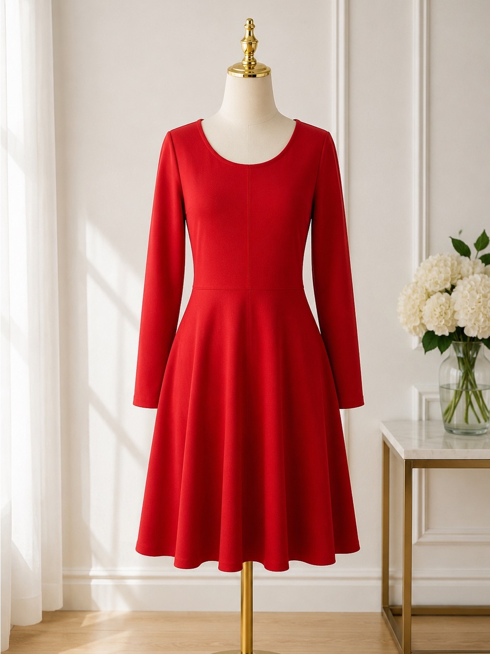Metaphor Red Long-Sleeve Fit-and-Flare Midi Dress